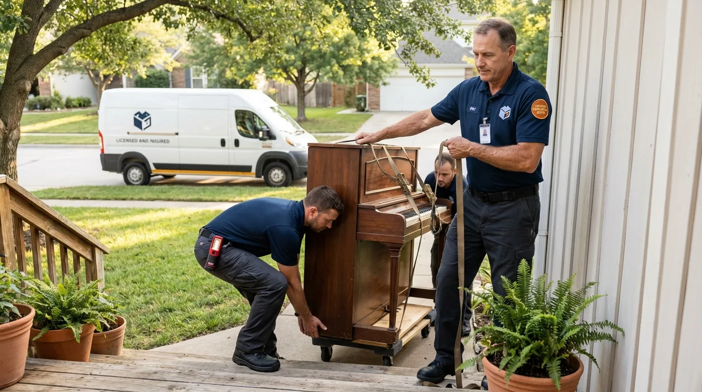 Licensed piano movers securing grand piano in Northport, AL