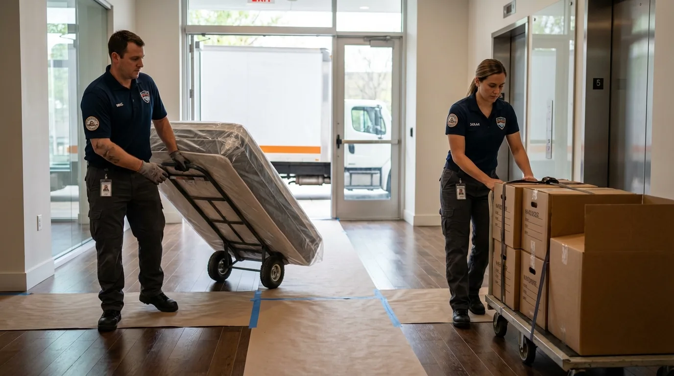Professional apartment movers loading elevator in Northport, AL