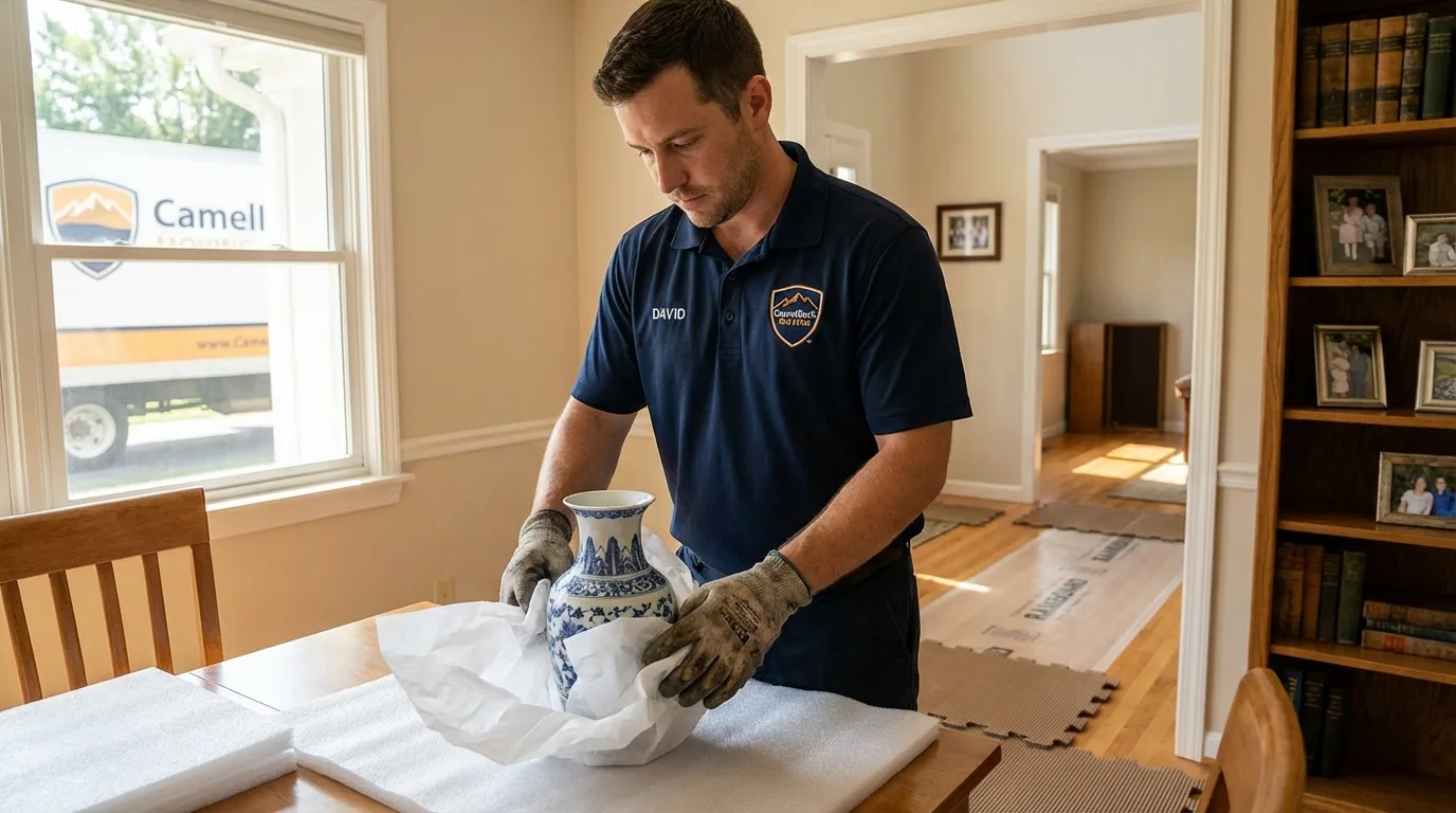 Professional crew carefully wrapping antique vase for senior downsizing move in Northport, AL